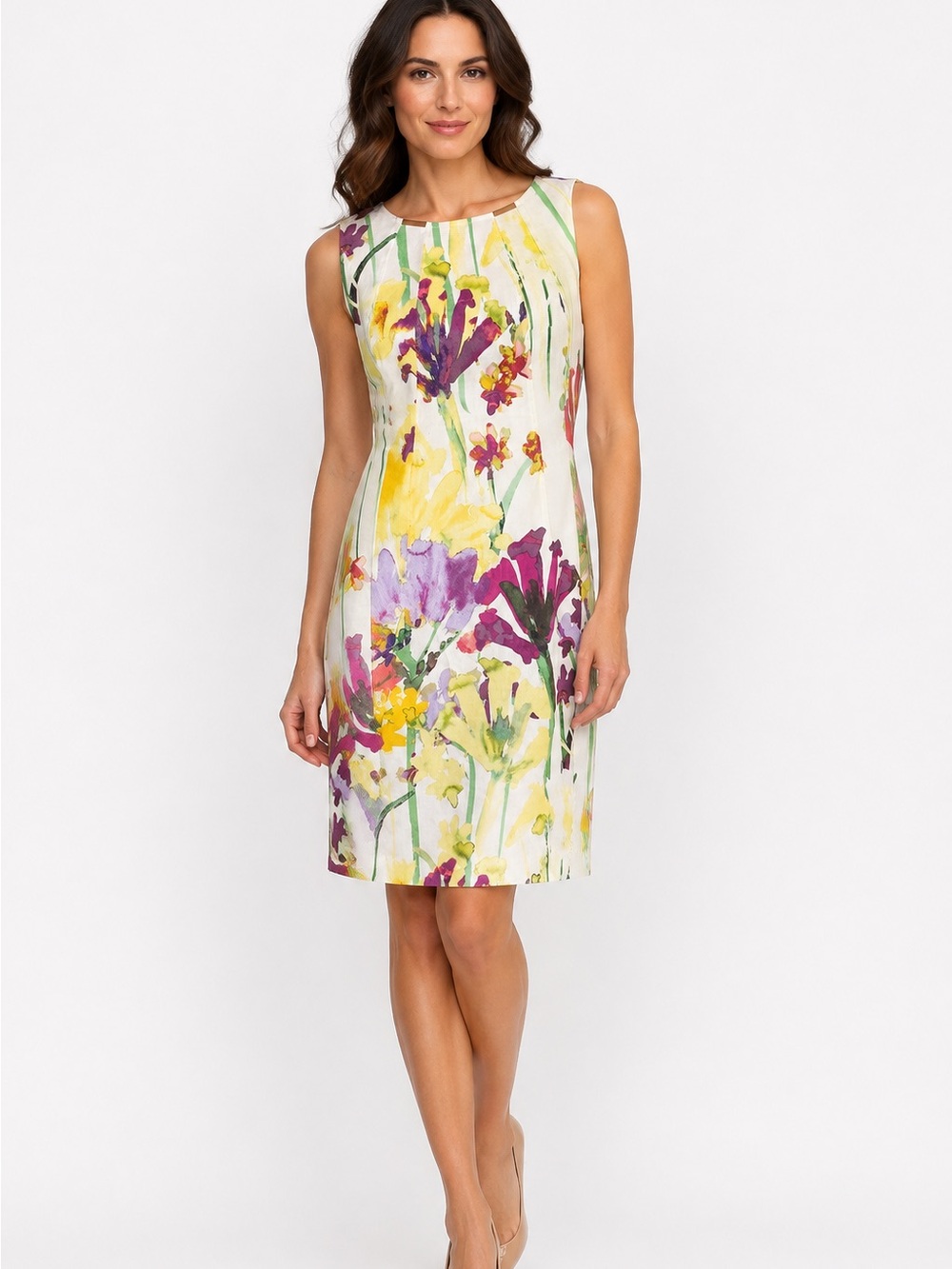 Calvin Klein Linen Blend Lined Watercolor Floral Sheath Dress Sleeveless Size 8